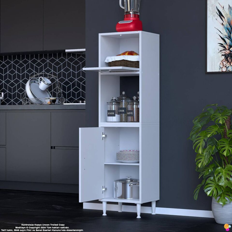 Rona 45 cm Tek Kapaklı Mutfak Kiler Dolabı Raflı Çok Amaçlı Dolap Banyo Dolabı 45x150x32 cm