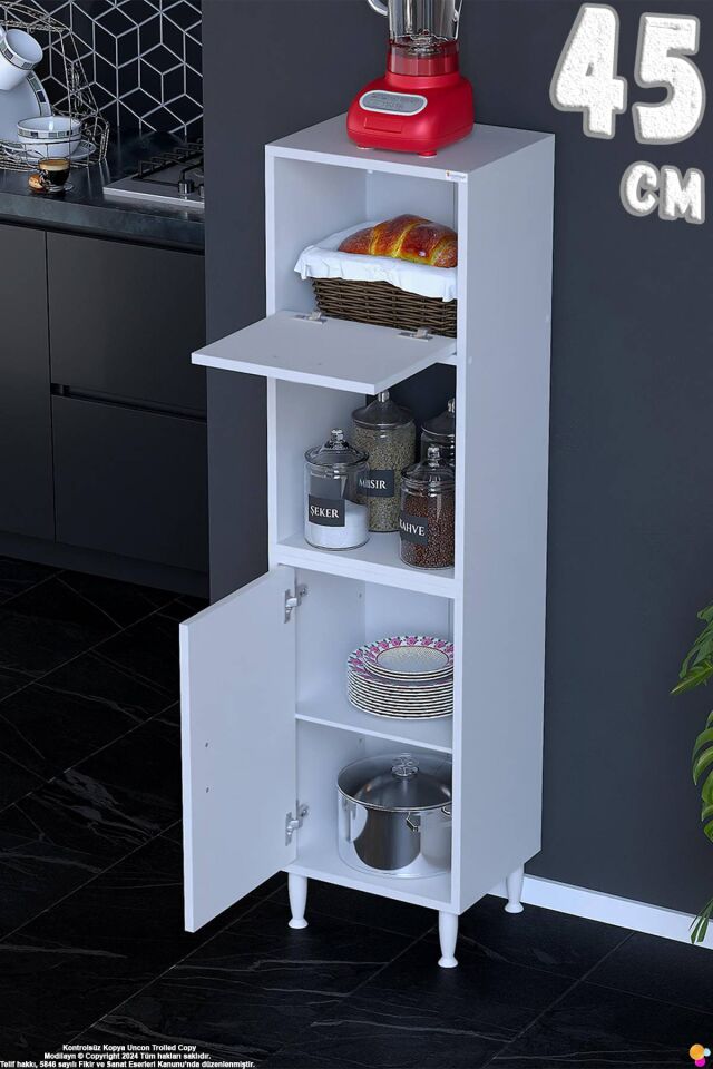 Rona 45 cm Tek Kapaklı Mutfak Kiler Dolabı Raflı Çok Amaçlı Dolap Banyo Dolabı 45x150x32 cm