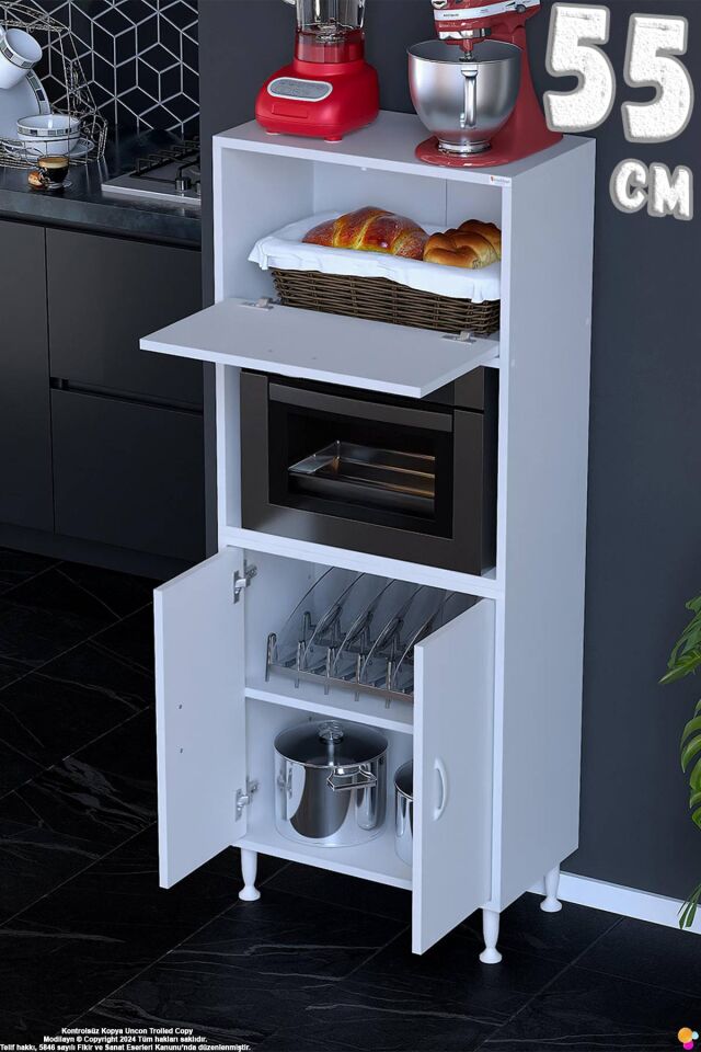 Rona 55 cm Çok Amaçlı Mutfak Kiler Dolabı Raflı Mikrodalga Fırın Standı Banyo Dolabı 55x150x32 cm