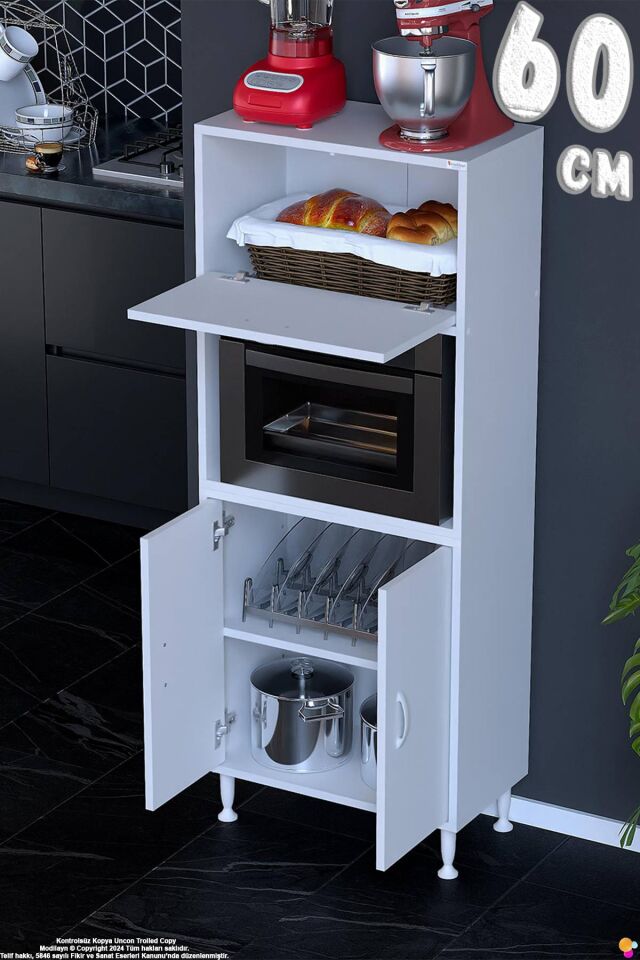 Rona 60 cm Çok Amaçlı Mutfak Kiler Dolabı Raflı Mikrodalga Fırın Standı Banyo Dolabı 60x150x32 cm
