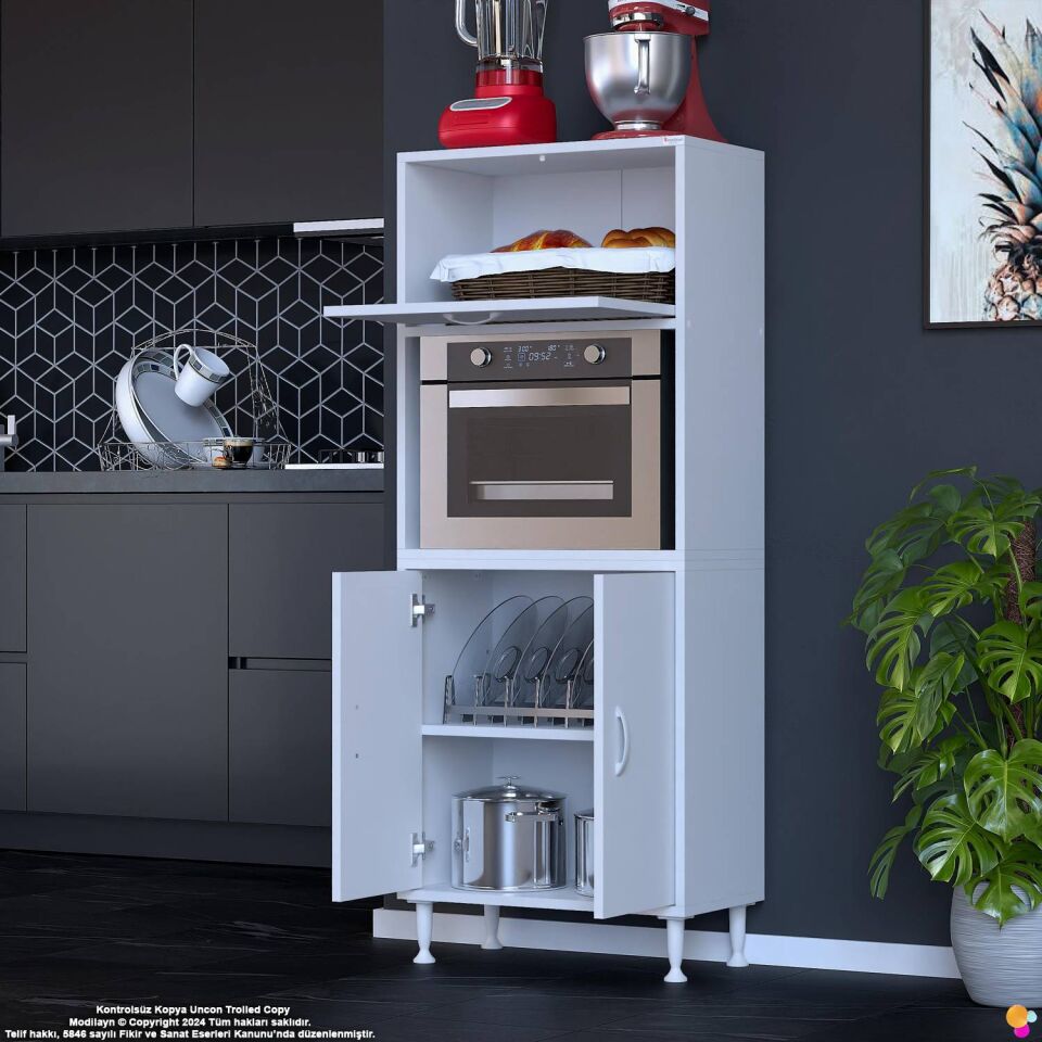 Rona 65 cm Çok Amaçlı Mutfak Kiler Dolabı Raflı Mikrodalga Fırın Standı Banyo Dolabı 65x150x32 cm