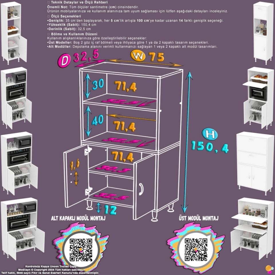 Rona 75 cm Çok Amaçlı Mutfak Kiler Dolabı Raflı Mikrodalga Fırın Standı Banyo Dolabı 75x150x32 cm