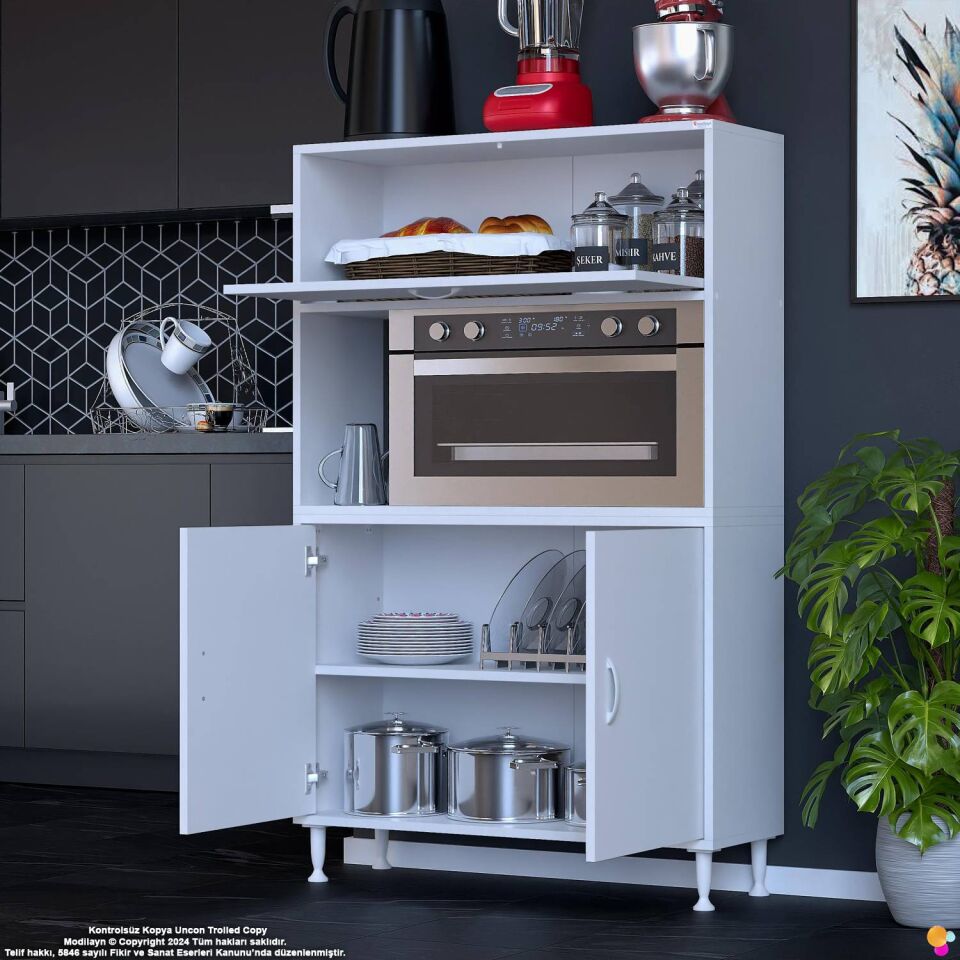 Rona 95 cm Çok Amaçlı Mutfak Kiler Dolabı Raflı Mikrodalga Fırın Standı Banyo Dolabı 95x150x32 cm