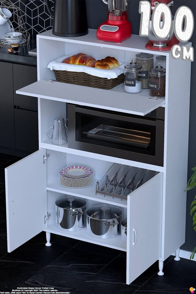 Rona 100 cm Çok Amaçlı Mutfak Kiler Dolabı Raflı Mikrodalga Fırın Standı Banyo Dolabı 100x150x32 cm