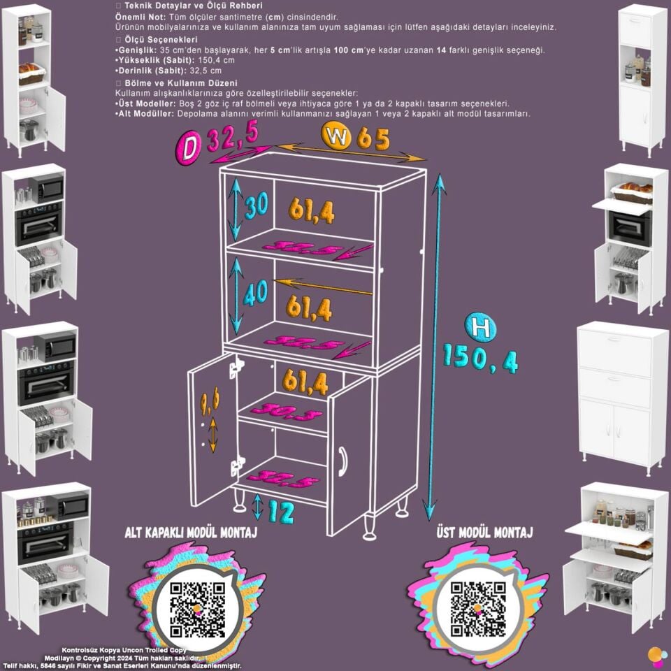 Vento 65 cm Çok Amaçlı Mutfak Kiler Dolabı Üst Kapaklı Banyo Ayakkabılık Boy Mutfak Dolabı 65x150x32