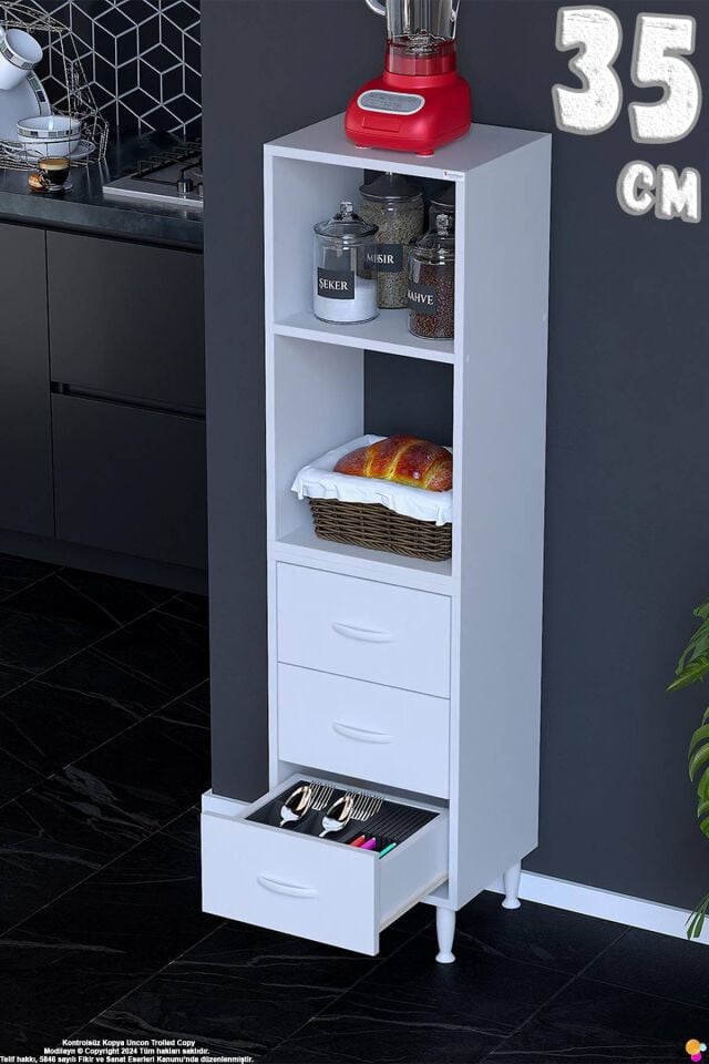 Velar 35 cm 3 Çekmeceli Açık Raflı Mutfak Erzak Dolabı Çok Amaçlı Kiler Banyo Dolabı 35x150x32 cm