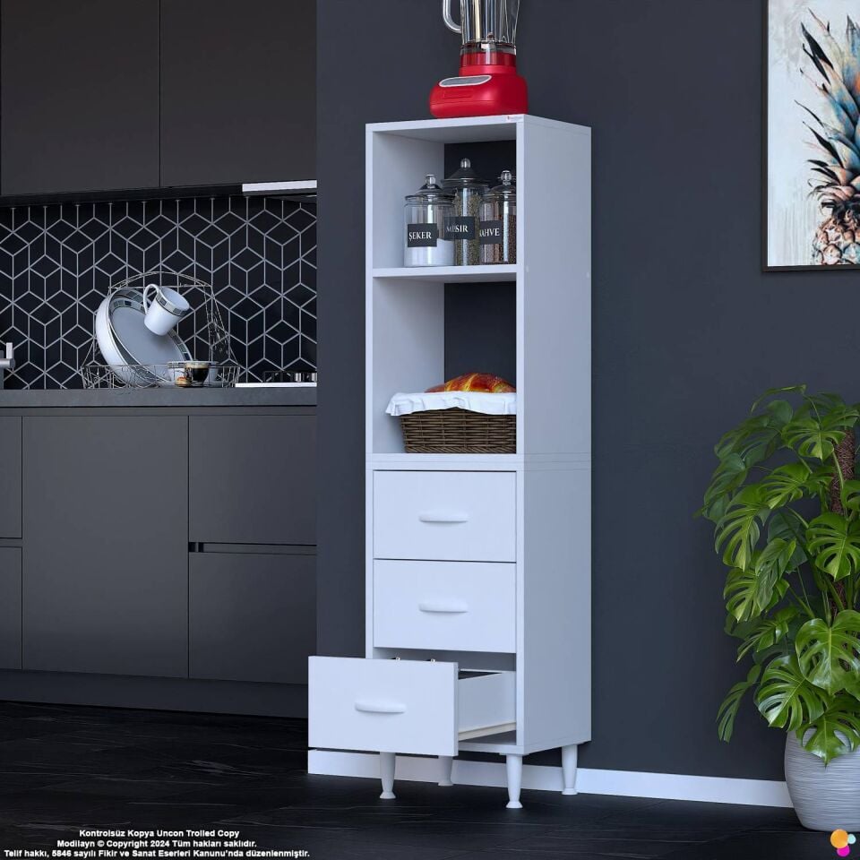 Velar 45 cm 3 Çekmeceli Açık Raflı Mutfak Erzak Dolabı Çok Amaçlı Kiler Banyo Dolabı 45x150x32 cm
