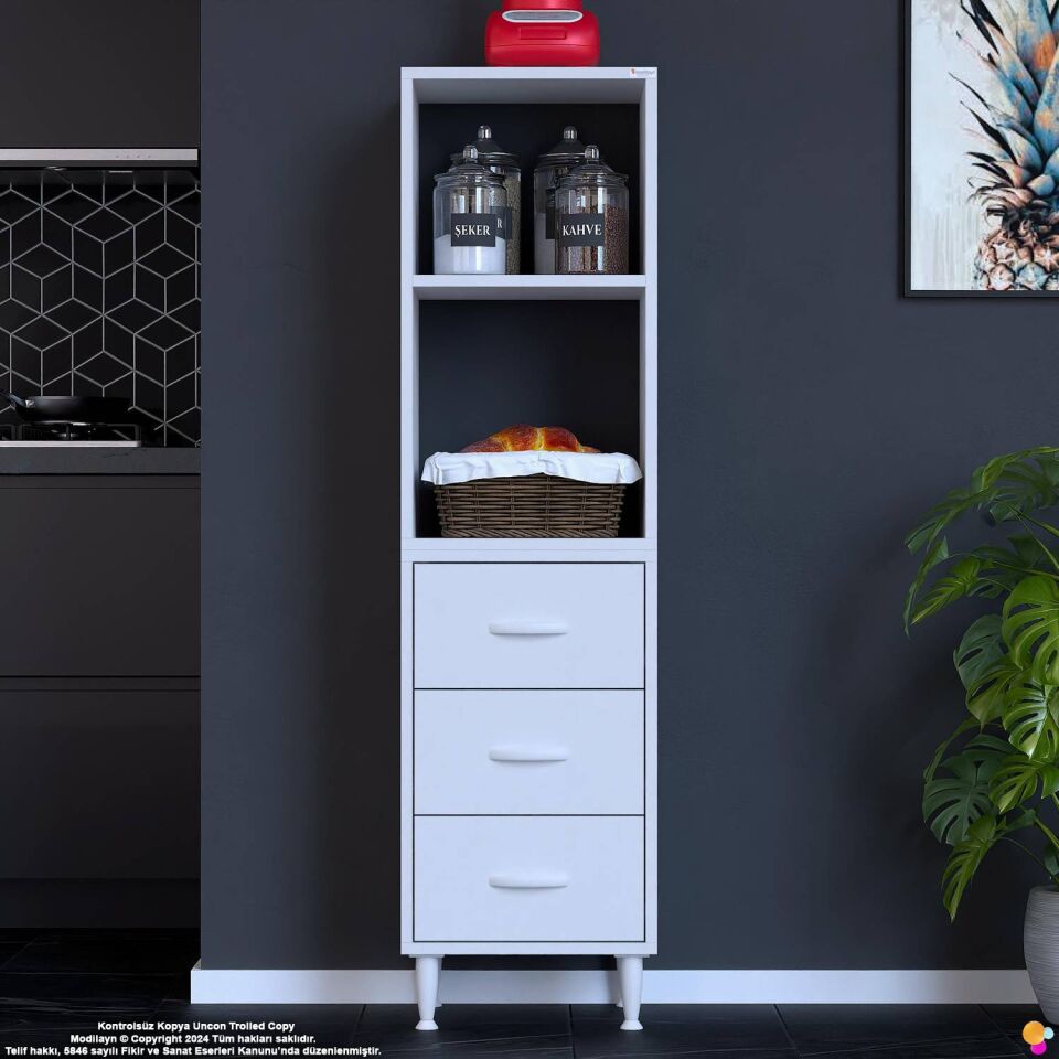 Velar 45 cm 3 Çekmeceli Açık Raflı Mutfak Erzak Dolabı Çok Amaçlı Kiler Banyo Dolabı 45x150x32 cm