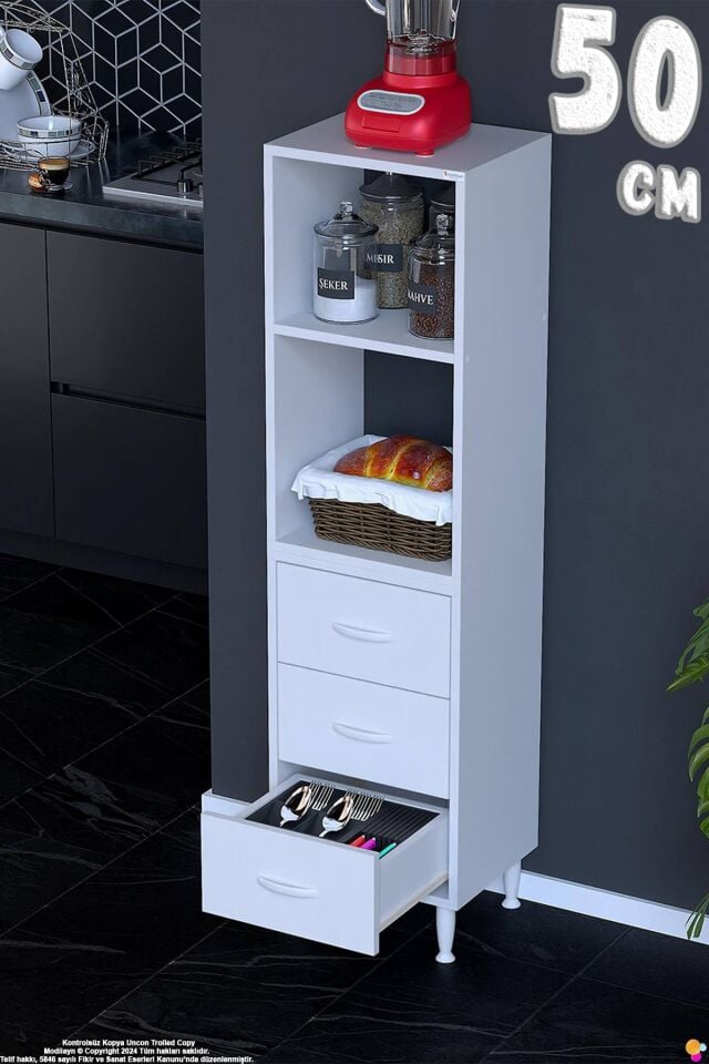 Velar 50 cm 3 Çekmeceli Açık Raflı Mutfak Erzak Dolabı Çok Amaçlı Kiler Banyo Dolabı 50x150x32 cm