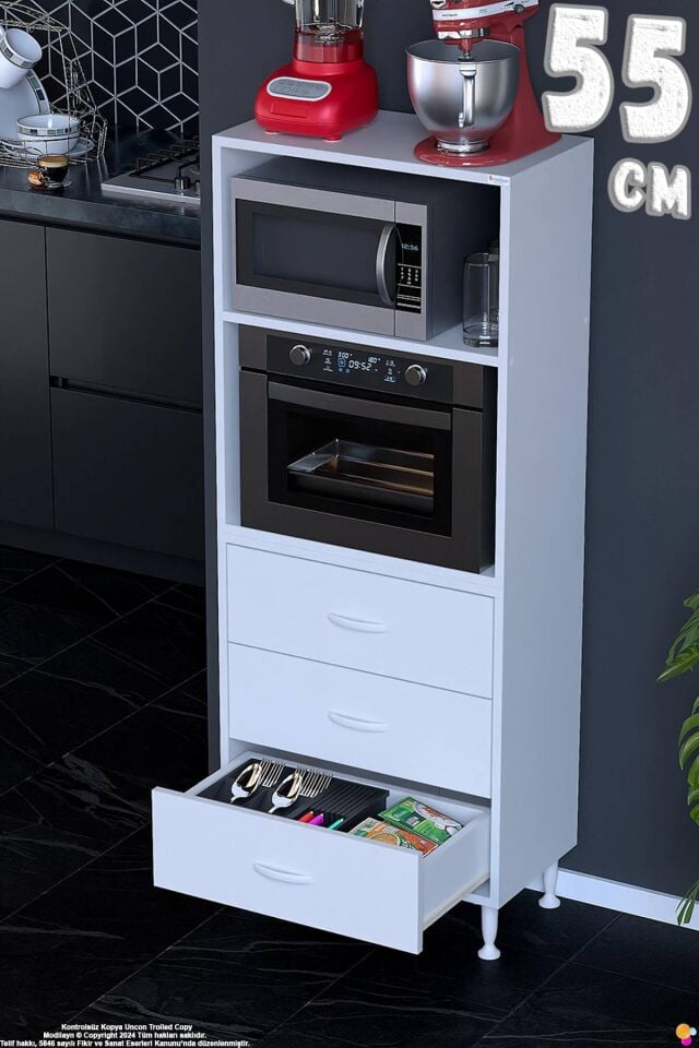 Velar 55 cm 3 Çekmeceli Mikrodalga Fırın Mutfak Erzak Dolabı Çok Amaçlı Banyo Dolabı 55x150x32 cm