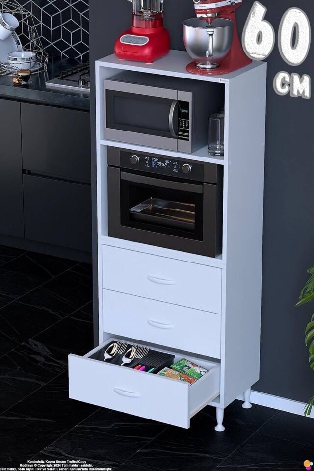 Velar 60 cm 3 Çekmeceli Mikrodalga Fırın Mutfak Erzak Dolabı Çok Amaçlı Banyo Dolabı 60x150x32 cm