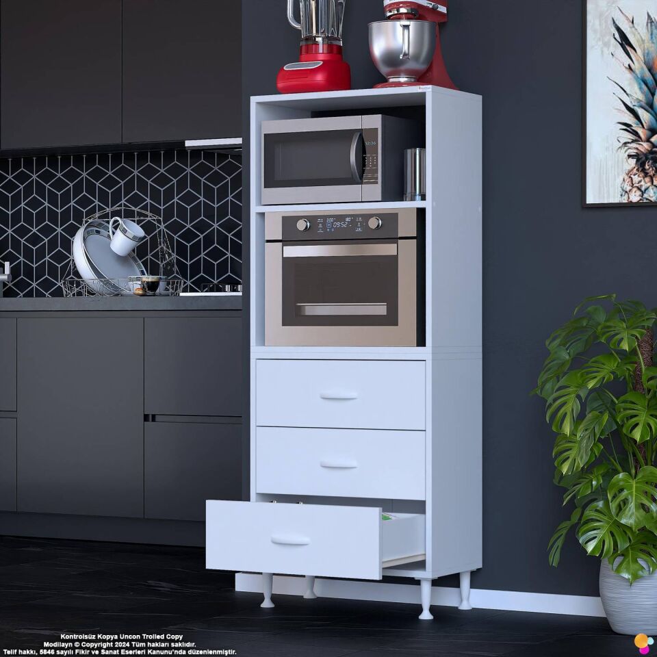 Velar 65 cm 3 Çekmeceli Mikrodalga Fırın Mutfak Erzak Dolabı Çok Amaçlı Banyo Dolabı 65x150x32 cm