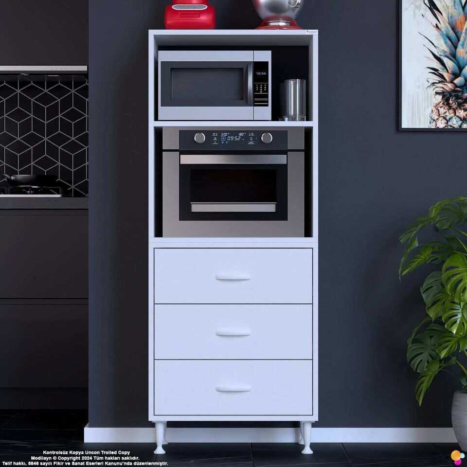 Velar 65 cm 3 Çekmeceli Mikrodalga Fırın Mutfak Erzak Dolabı Çok Amaçlı Banyo Dolabı 65x150x32 cm