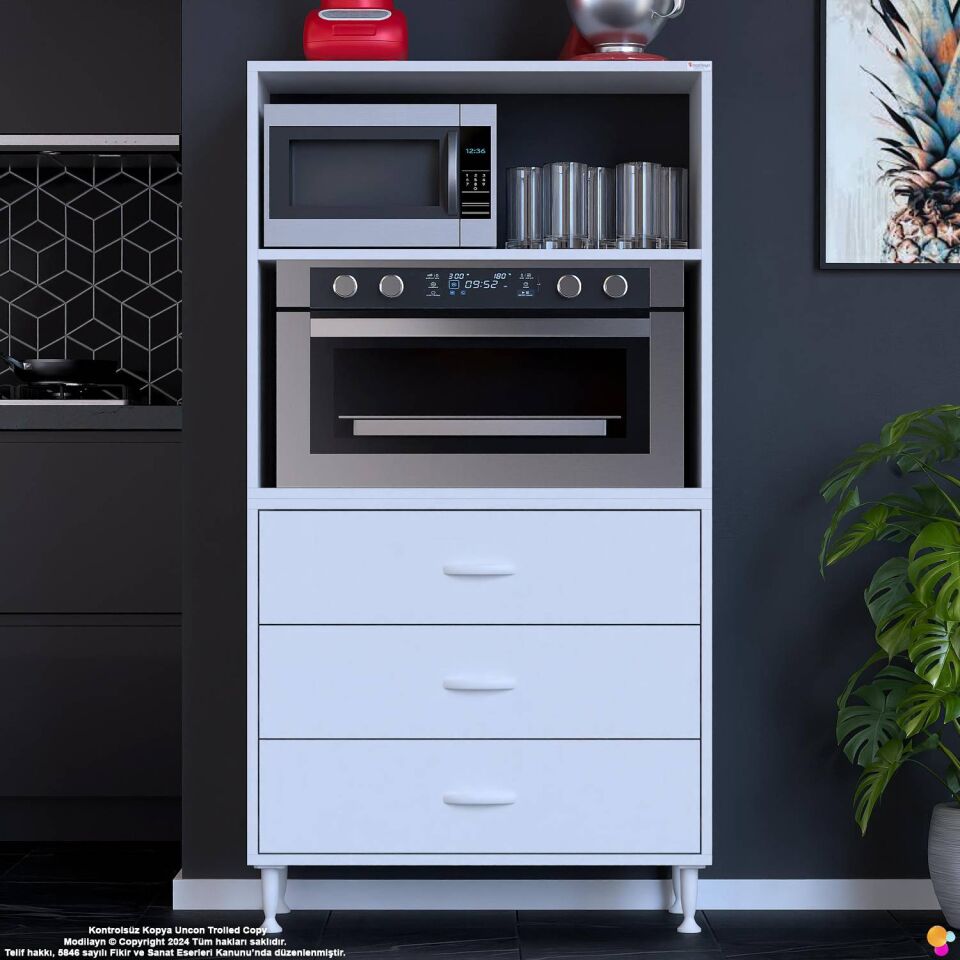 Velar 70 cm 3 Çekmeceli Mikrodalga Fırın Mutfak Erzak Dolabı Çok Amaçlı Banyo Dolabı 70x150x32 cm