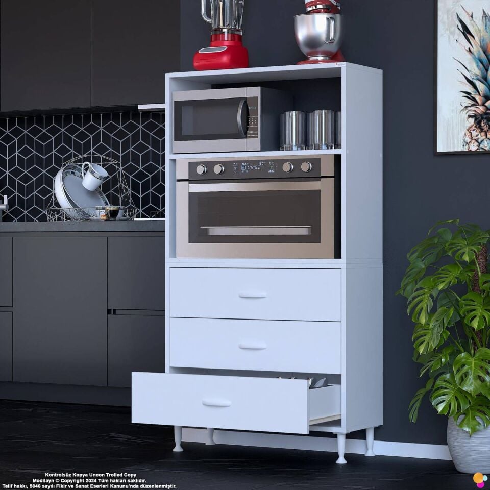 Velar 80 cm 3 Çekmeceli Mikrodalga Fırın Mutfak Erzak Dolabı Çok Amaçlı Banyo Dolabı 80x150x32 cm