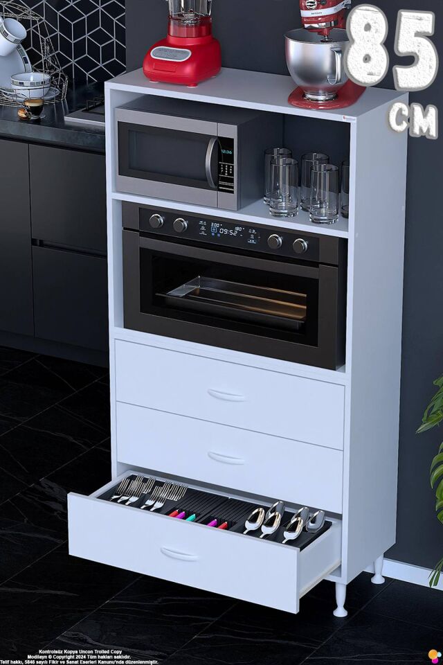 Velar 85 cm 3 Çekmeceli Mikrodalga Fırın Mutfak Erzak Dolabı Çok Amaçlı Banyo Dolabı 85x150x32 cm