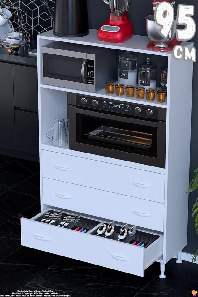 Velar 95 cm 3 Çekmeceli Mikrodalga Fırın Mutfak Erzak Dolabı Çok Amaçlı Banyo Dolabı 95x150x32 cm