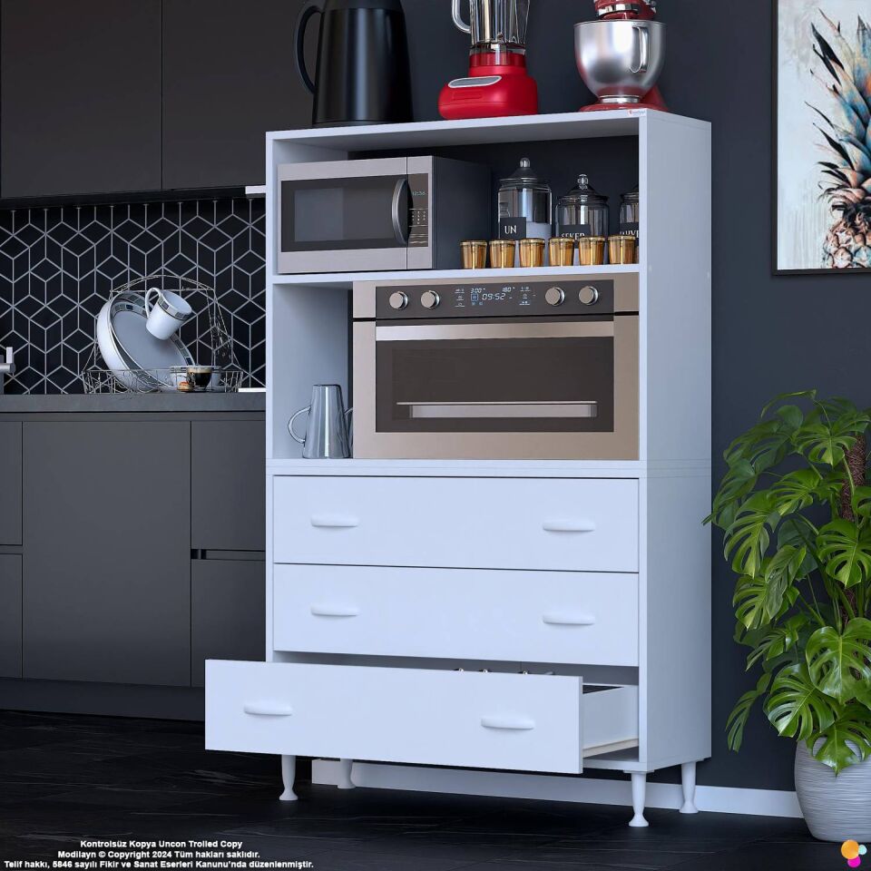 Velar 100 cm 3 Çekmeceli Mikrodalga Fırın Mutfak Erzak Dolabı Çok Amaçlı Banyo Dolabı 100x150x32 cm