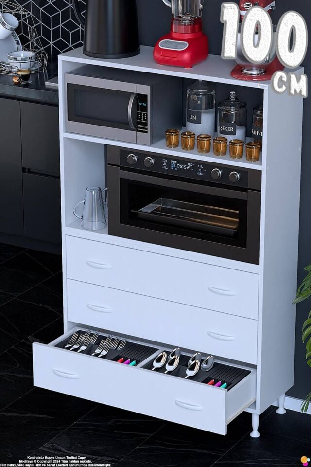 Velar 100 cm 3 Çekmeceli Mikrodalga Fırın Mutfak Erzak Dolabı Çok Amaçlı Banyo Dolabı 100x150x32 cm