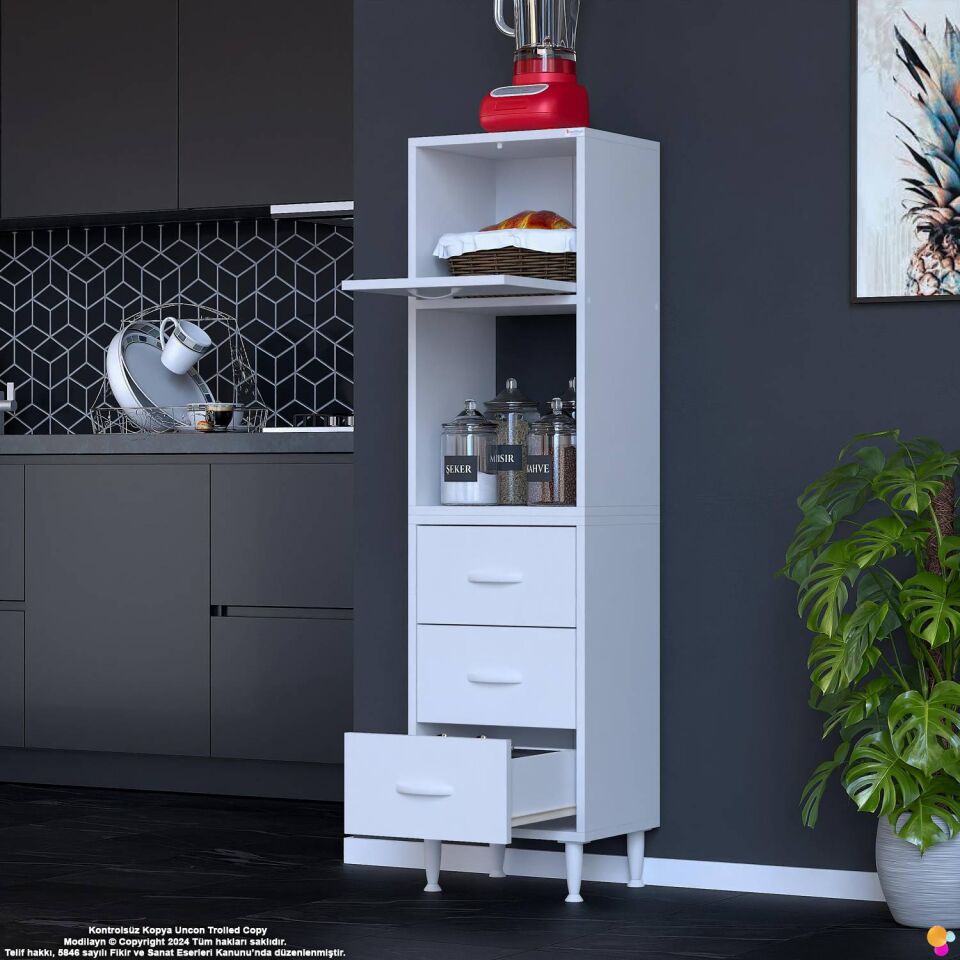 Nola 40 cm Üstü Kapaklı 3 Çekmeceli Çok Amaçlı Mutfak Kiler Banyo Erzak Depolama Dolabı 40x150x32 cm
