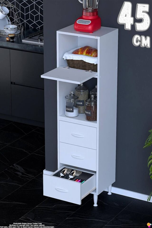 Nola 45 cm Üstü Kapaklı 3 Çekmeceli Çok Amaçlı Mutfak Kiler Banyo Erzak Depolama Dolabı 45x150x32 cm