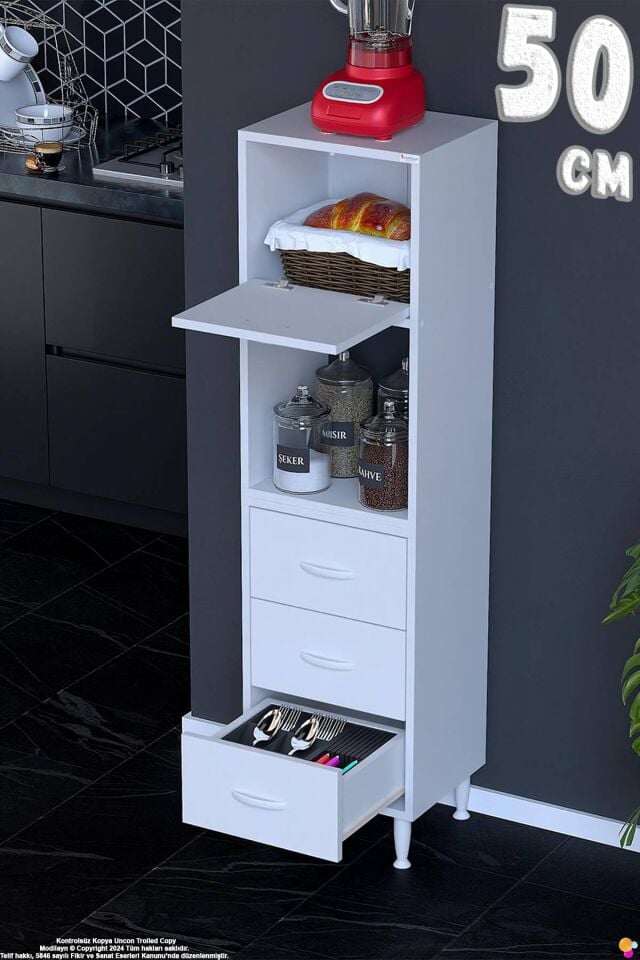 Nola 50 cm Üstü Kapaklı 3 Çekmeceli Çok Amaçlı Mutfak Kiler Banyo Erzak Depolama Dolabı 50x150x32 cm