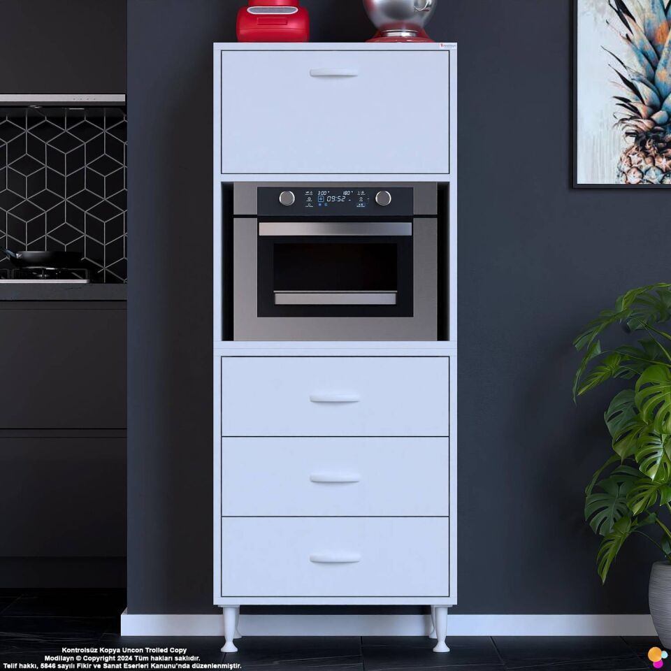 Nola 55 cm Fırın Dolabı Üstü Kapaklı 3 Çekmeceli Çok Amaçlı Mutfak Kiler Banyo Dolabı 55x150x32 cm