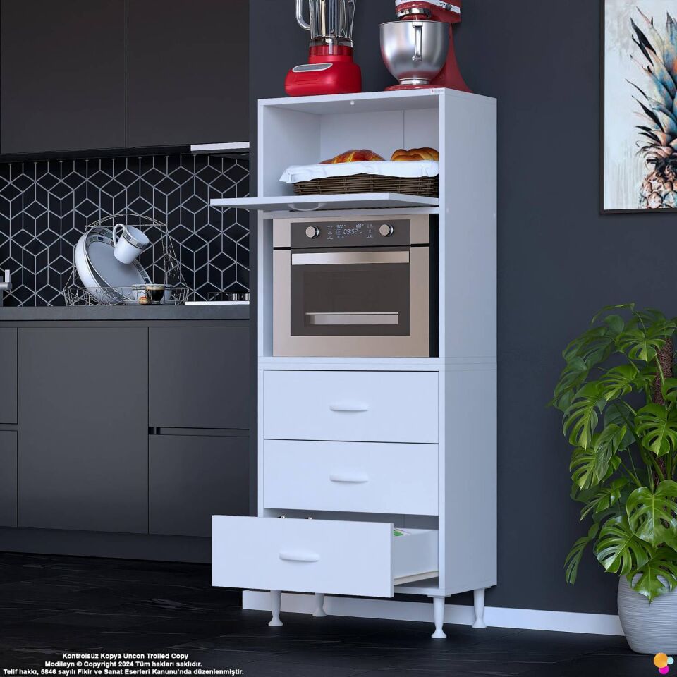 Nola 60 cm Fırın Dolabı Üstü Kapaklı 3 Çekmeceli Çok Amaçlı Mutfak Kiler Banyo Dolabı 60x150x32 cm