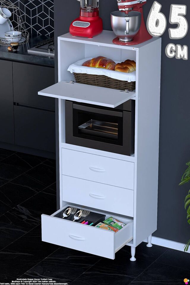 Nola 65 cm Fırın Dolabı Üstü Kapaklı 3 Çekmeceli Çok Amaçlı Mutfak Kiler Banyo Dolabı 65x150x32 cm