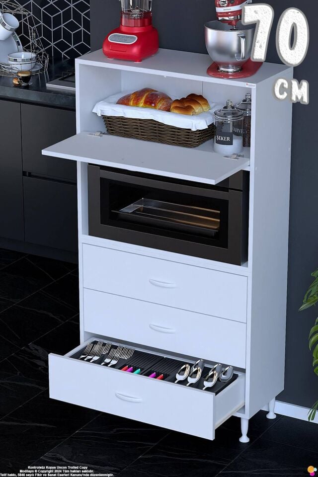 Nola 70 cm Fırın Dolabı Üstü Kapaklı 3 Çekmeceli Çok Amaçlı Mutfak Kiler Banyo Dolabı 70x150x32 cm