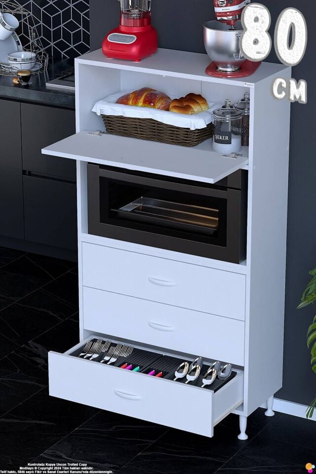 Nola 80 cm Fırın Dolabı Üstü Kapaklı 3 Çekmeceli Çok Amaçlı Mutfak Kiler Banyo Dolabı 80x150x32 cm