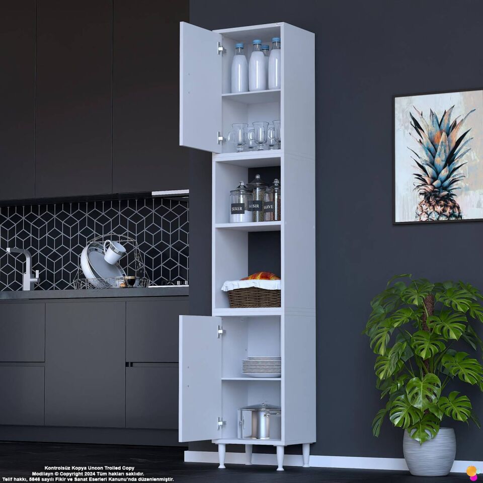 Bade 35 cm 2 Kapaklı Açık Raflı Çok Amaçlı Mutfak Kiler Dolabı Banyo Dolabı Boy Dolabı 35x213x32 cm
