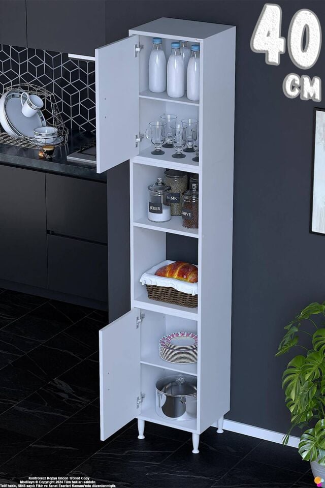 Bade 40 cm 2 Kapaklı Açık Raflı Çok Amaçlı Mutfak Kiler Dolabı Banyo Dolabı Boy Dolabı 40x213x32 cm