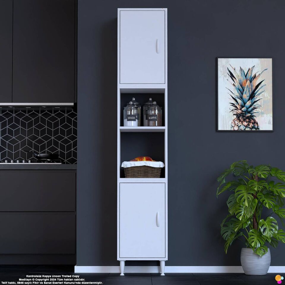 Bade 45 cm 2 Kapaklı Açık Raflı Çok Amaçlı Mutfak Kiler Dolabı Banyo Dolabı Boy Dolabı 45x213x32 cm