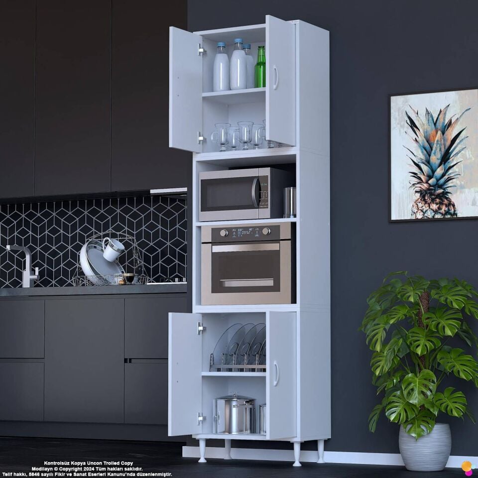 Bade 55 cm Fırın Dolabı 4 Kapaklı Açık Raflı Çok Amaçlı Mutfak Kiler Dolabı Banyo Dolabı Boy Dolabı