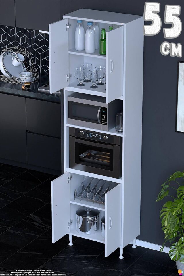Bade 55 cm Fırın Dolabı 4 Kapaklı Açık Raflı Çok Amaçlı Mutfak Kiler Dolabı Banyo Dolabı Boy Dolabı