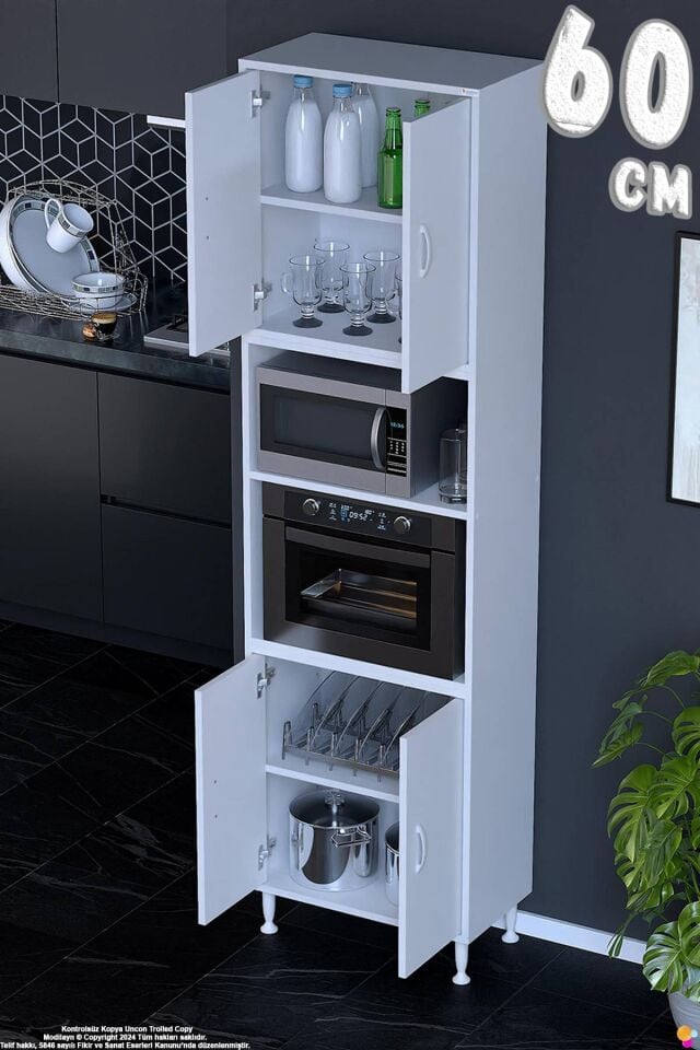 Bade 60 cm Fırın Dolabı 4 Kapaklı Açık Raflı Çok Amaçlı Mutfak Kiler Dolabı Banyo Dolabı Boy Dolabı