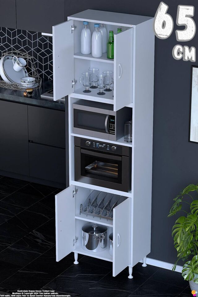 Bade 65 cm Fırın Dolabı 4 Kapaklı Açık Raflı Çok Amaçlı Mutfak Kiler Dolabı Banyo Dolabı Boy Dolabı