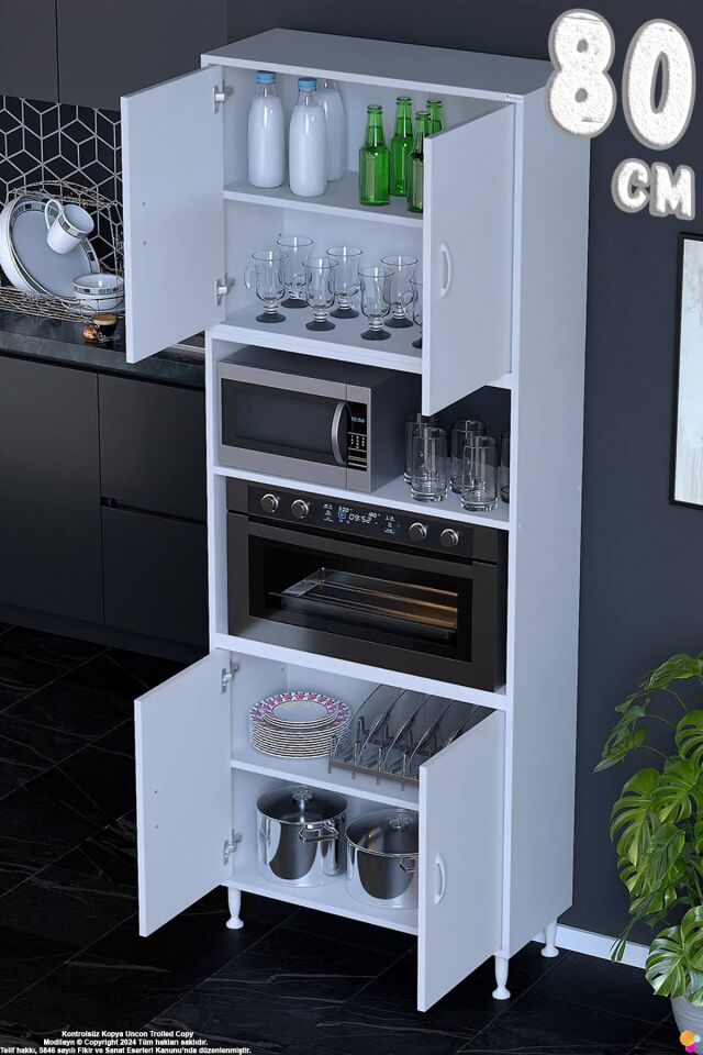 Bade 80 cm Fırın Dolabı 4 Kapaklı Açık Raflı Çok Amaçlı Mutfak Kiler Dolabı Banyo Dolabı Boy Dolabı