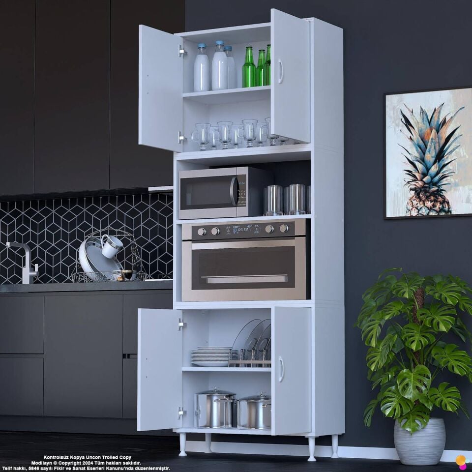 Bade 85 cm Fırın Dolabı 4 Kapaklı Açık Raflı Çok Amaçlı Mutfak Kiler Dolabı Banyo Dolabı Boy Dolabı