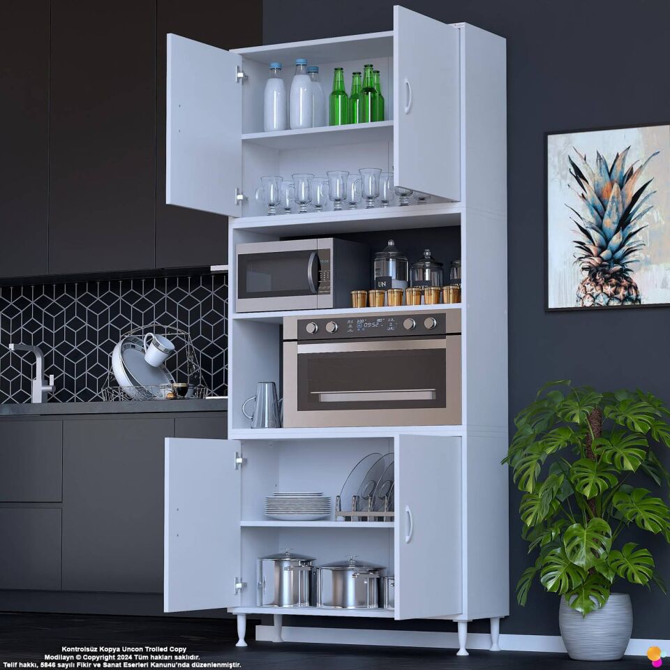 Bade 95 cm Fırın Dolabı 4 Kapaklı Açık Raflı Çok Amaçlı Mutfak Kiler Dolabı Banyo Dolabı Boy Dolabı