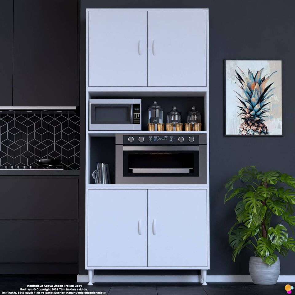 Bade 95 cm Fırın Dolabı 4 Kapaklı Açık Raflı Çok Amaçlı Mutfak Kiler Dolabı Banyo Dolabı Boy Dolabı