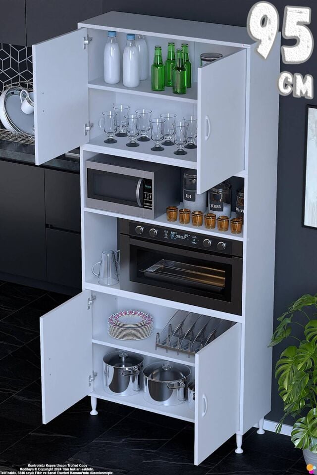 Bade 95 cm Fırın Dolabı 4 Kapaklı Açık Raflı Çok Amaçlı Mutfak Kiler Dolabı Banyo Dolabı Boy Dolabı