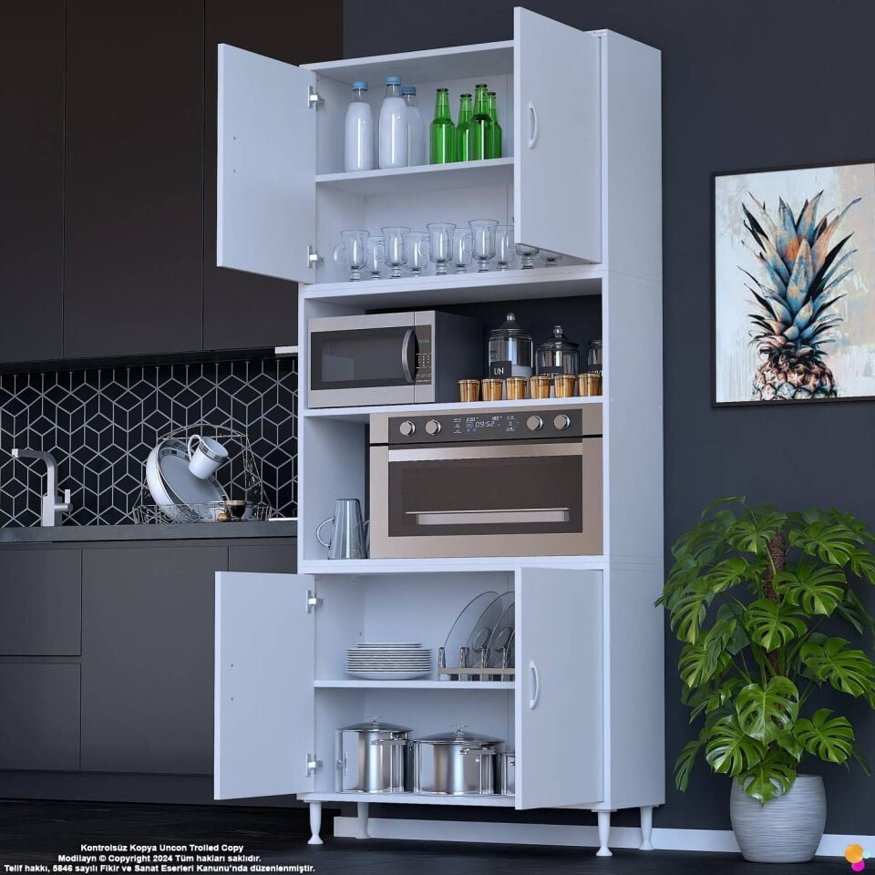 Bade 100 cm Fırın Dolabı 4 Kapaklı Açık Raflı Çok Amaçlı Mutfak Kiler Dolabı Banyo Dolabı Boy Dolabı
