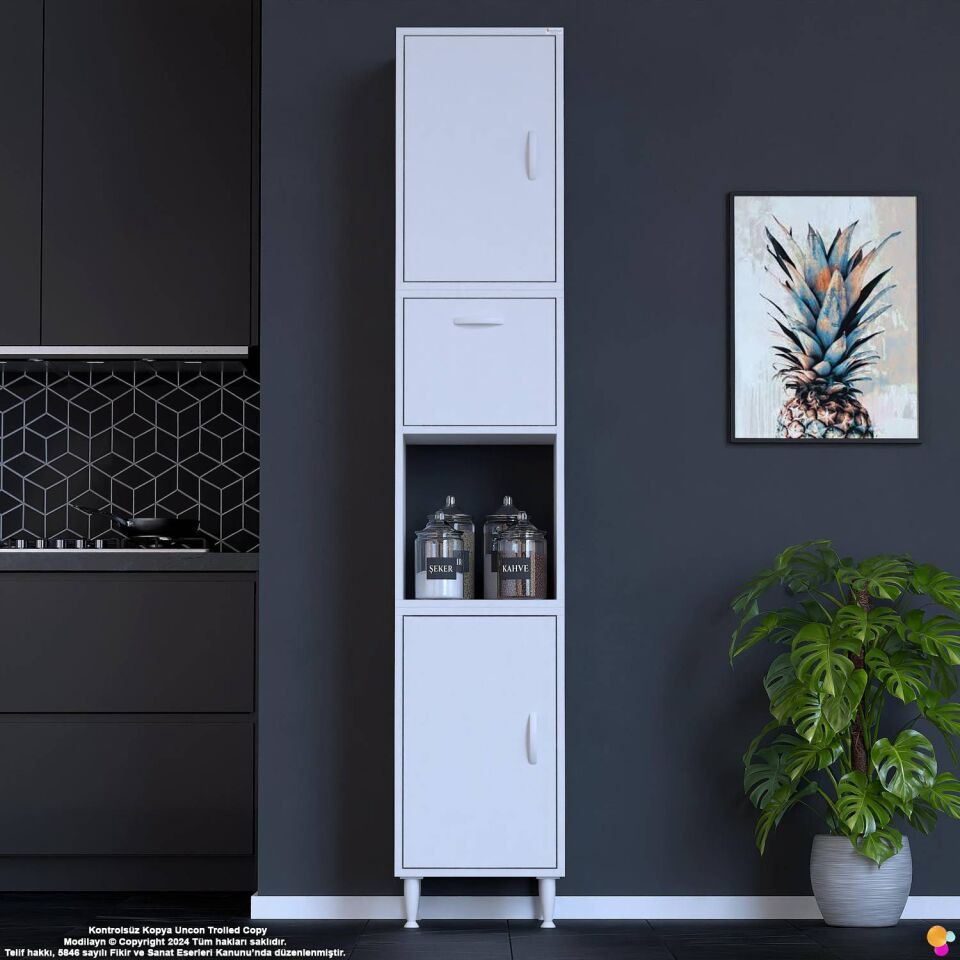 Işıl 40 cm Kapaklı Orta Bölmeli Çok Amaçlı Mutfak Kiler Dolabı Banyo Düzenleyici 40x213x32 cm Beyaz