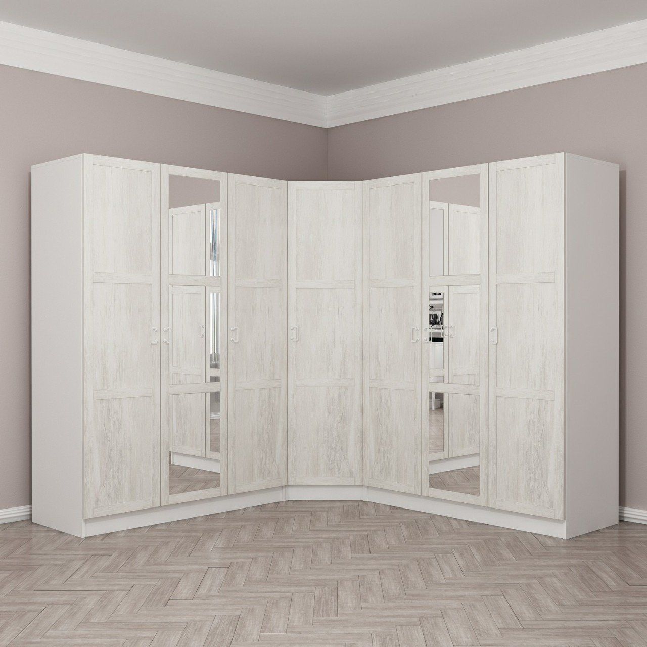 Kale 7 Country Kapaklı Aynalı 4Ç Köşe Dolap -  Eskitme Beyaz