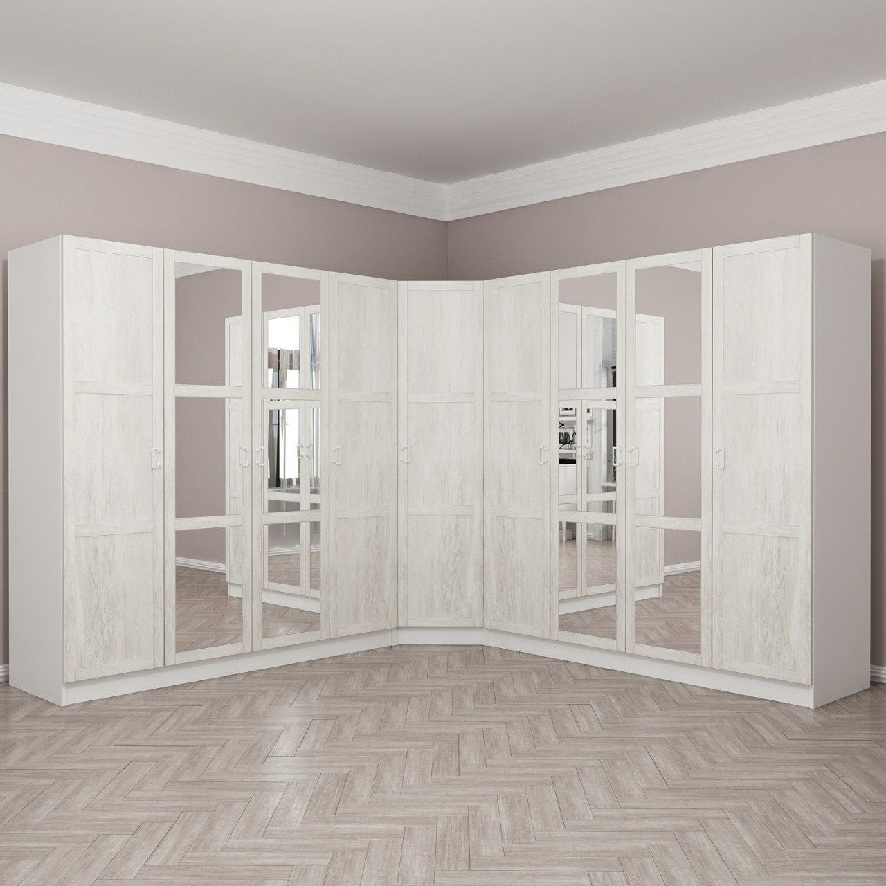 Kale 9 Country Kapaklı Aynalı 4Ç Köşe Dolap -  Eskitme Beyaz