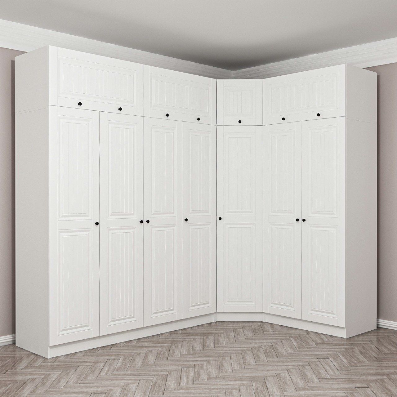 Minar Kale190 7 Kapaklı 2Ç Köşe Dolap + Yüklük Beyaz Mebran