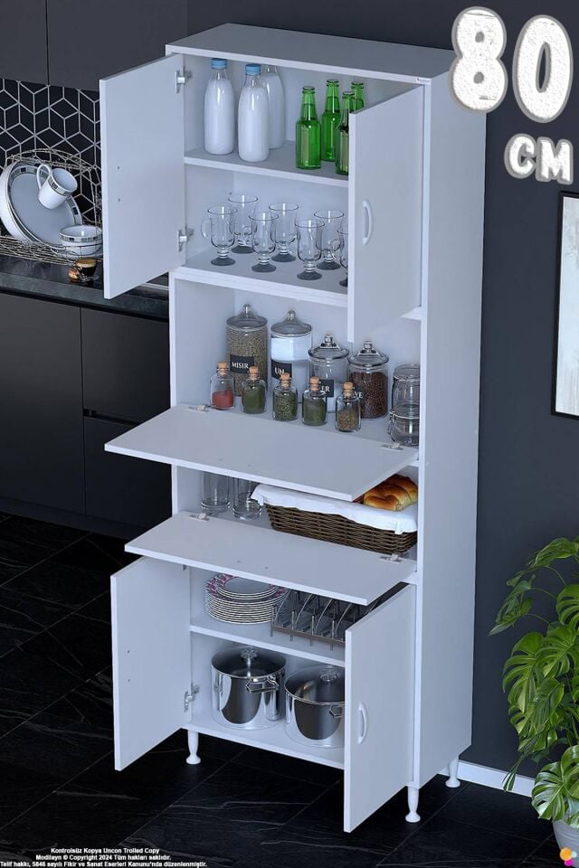 Derin 80 cm 6 Kapaklı Çok Amaçlı Mutfak Kiler Dolabı Organizer Banyo Çocuk Odası Boy Dolabı Beyaz