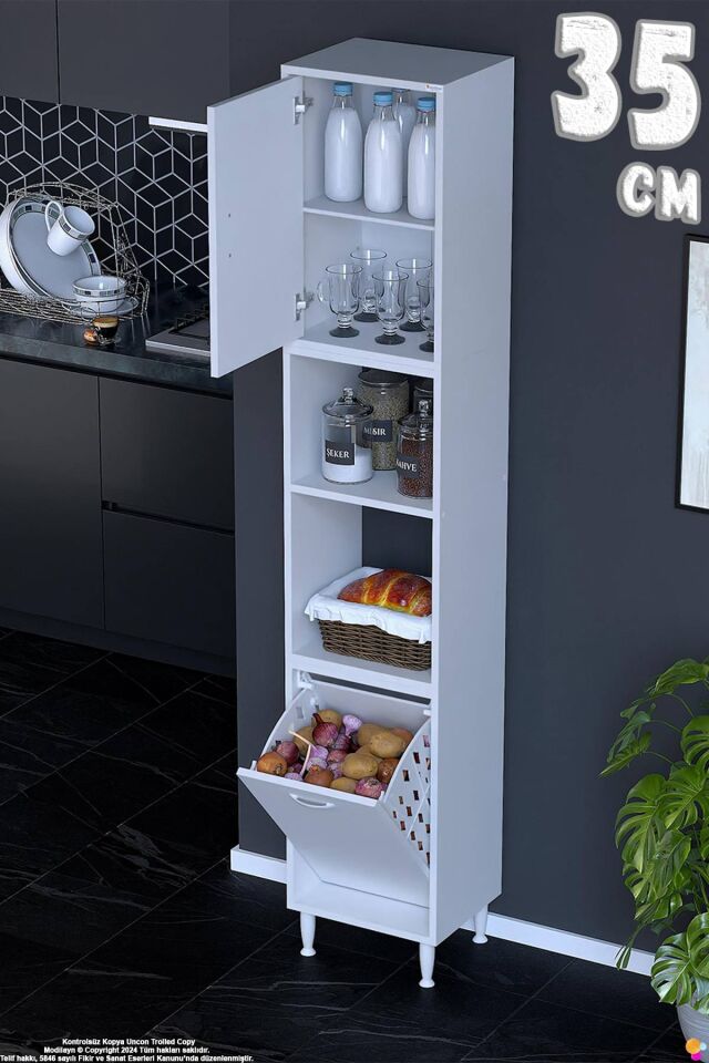 Asel 35 cm Sepetli Çok Amaçlı Mutfak Kiler Dolabı Banyo Kirli Çamaşır Oyuncak Dolabı Beyaz 35x213x32